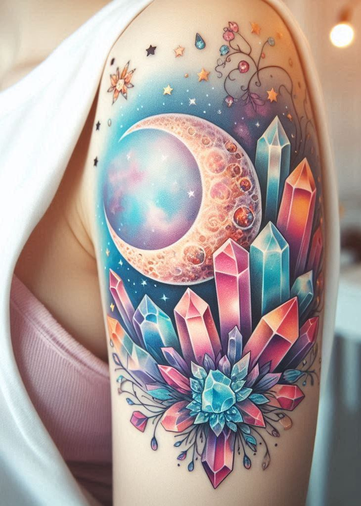 Crystals deserve a celestial showcase, and what's more magical than your own skin? This moonlit crystal garden tattoo is a breathtaking work of art.