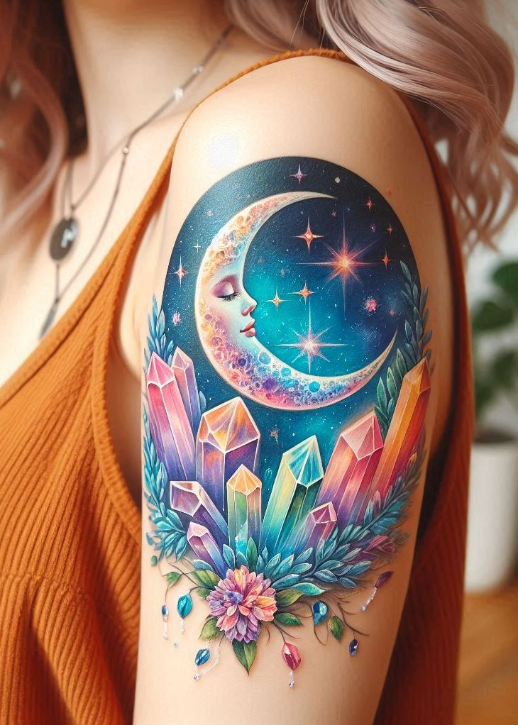 Transform your skin into a moonlit sanctuary. This crystal tattoo is a dazzling reminder that you carry the magic of the universe within you.