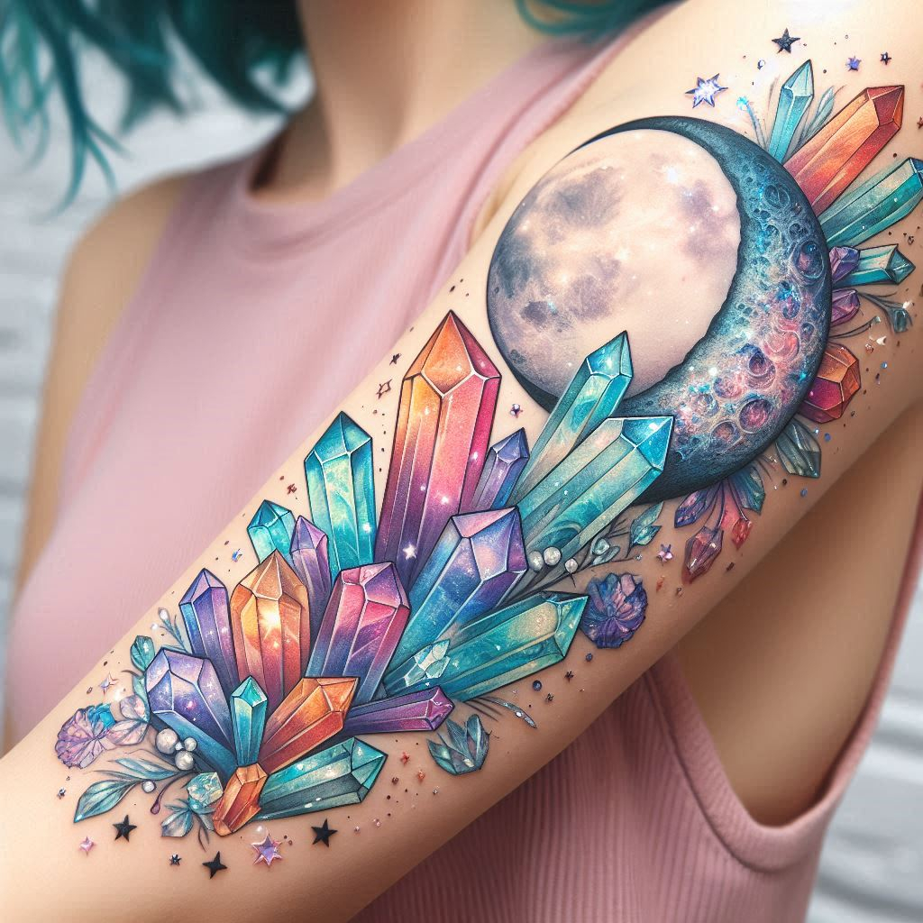 Ditch the boring jewelry box! Crystal tattoos are the ultimate celestial accessory. This moonlit crystal garden design lets your inner light shine brighter than ever.