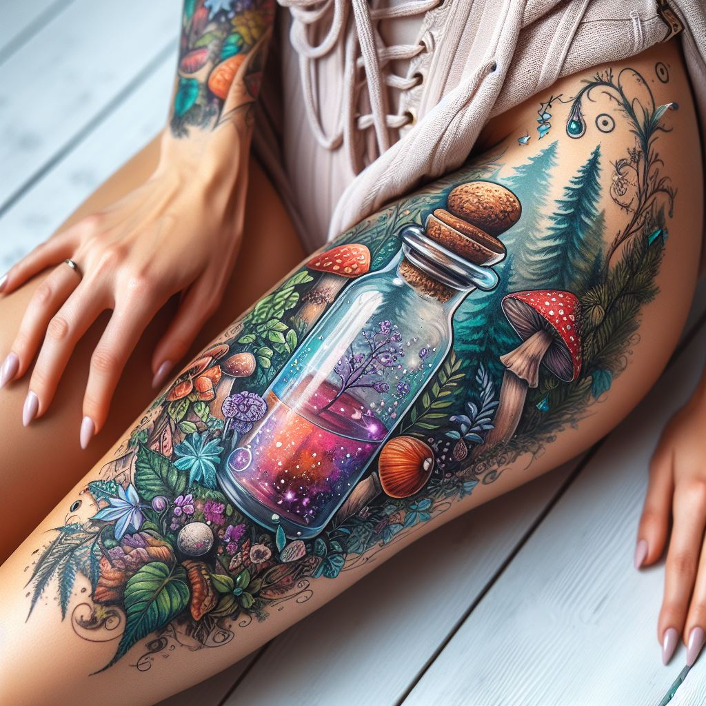 “Enchanted Elixir Grove” - Venture into the heart of the mystical forest with this tattoo, where potion bottles nestle among twisted roots and fairy dust. It’s a permanent passport to a world where every leaf whispers a different spell.