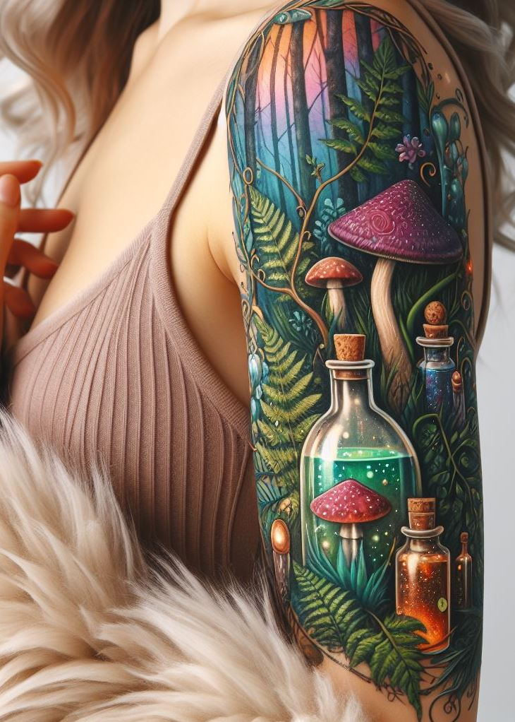 “Fable’s Flask” - In this tattoo, potion bottles are cradled by the arms of old oaks, their contents a blend of myth and mist, inviting you to sip from the cup of legends.