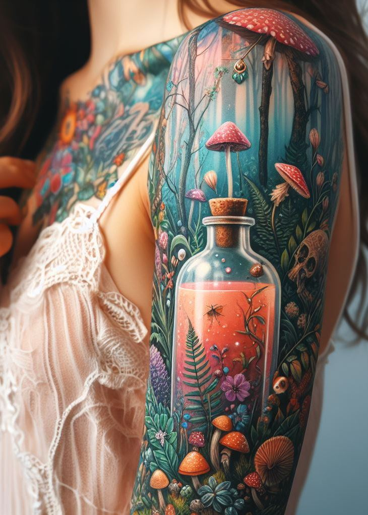 “Woodland Witchery” - With a flick of the wand, this tattoo brings to life a potion hidden in the forest’s embrace, glowing with the luminescence of fireflies and the mystery of twilight.