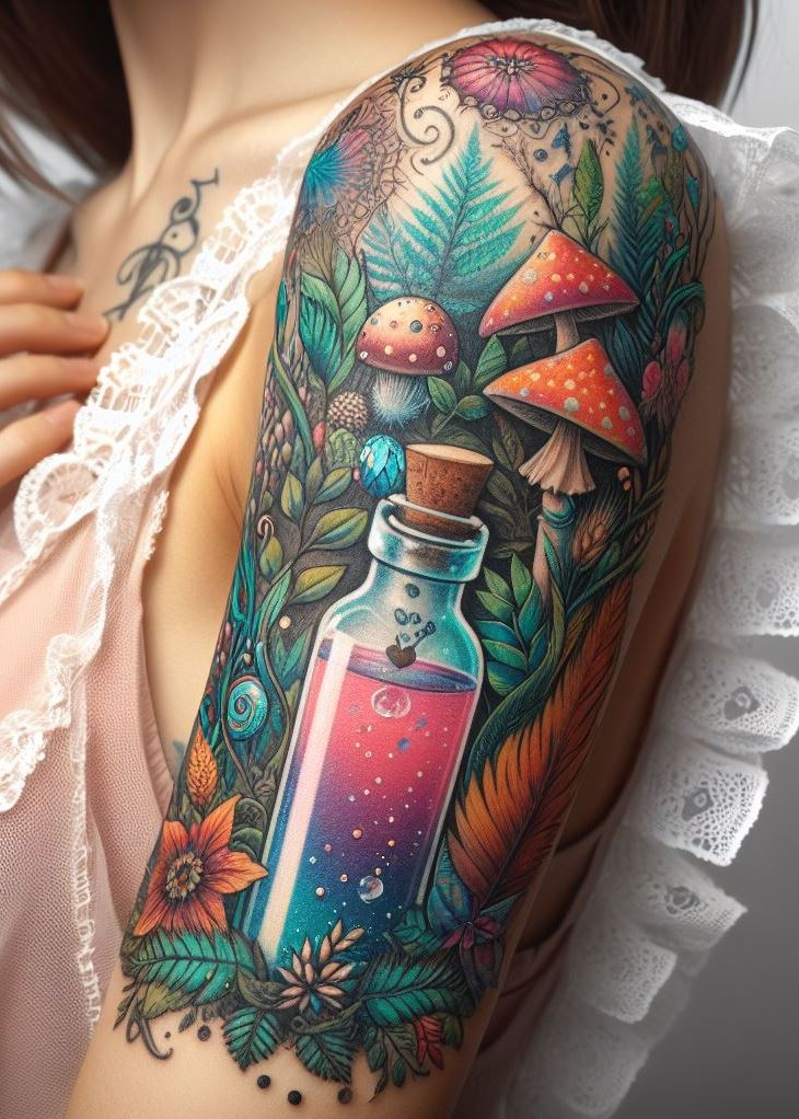 “Arcane Arbor” - Ink your skin with a potion tattoo that’s a gateway to an ancient forest, where every tree holds a secret and every bottle is a story. It’s a fairytale written on your body.