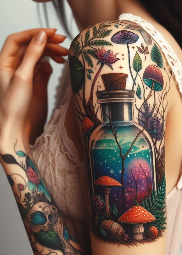 “Sylvan Spellbinders” - This tattoo is a tribute to the forest alchemists, with potion bottles camouflaged by wild foliage, their contents sparkling with the magic of the woods. It’s where Mother Nature meets Merlin.