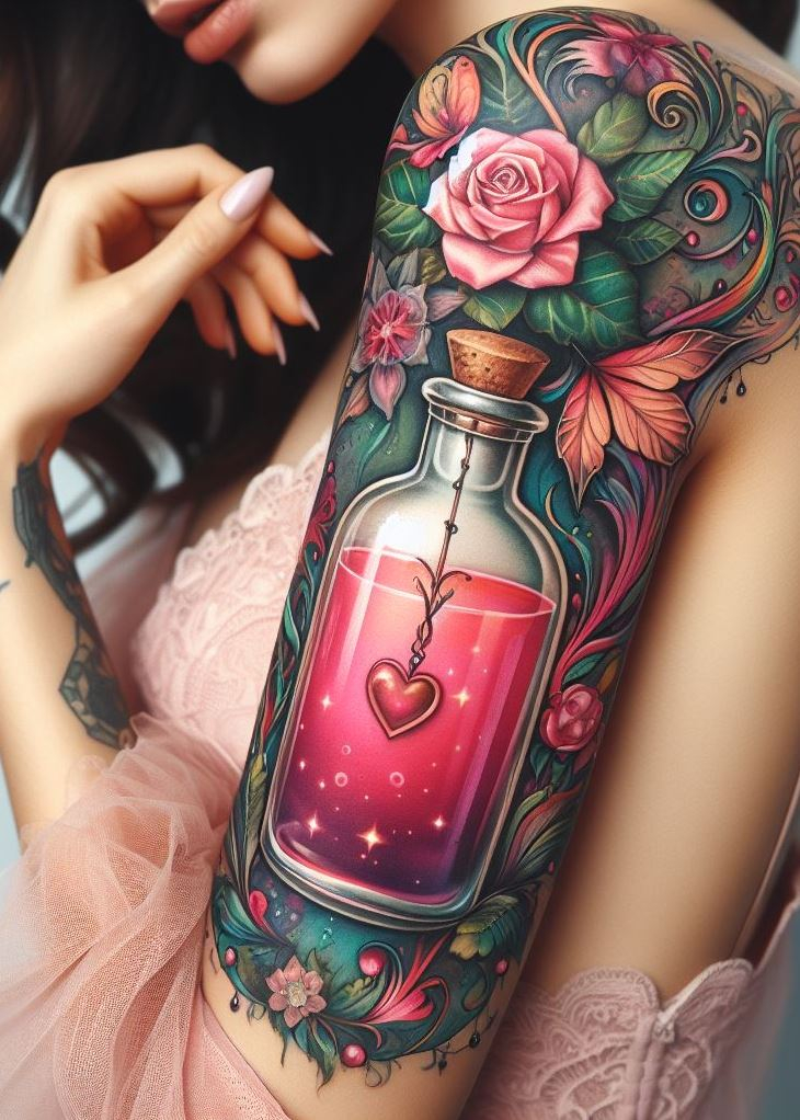 “Passion Philter” - In this tattoo, a potion of rosy pink swirls with the promise of love’s sweet embrace. It’s a symbol of the heart’s deepest desires, bottled up and brimming with enchantment.