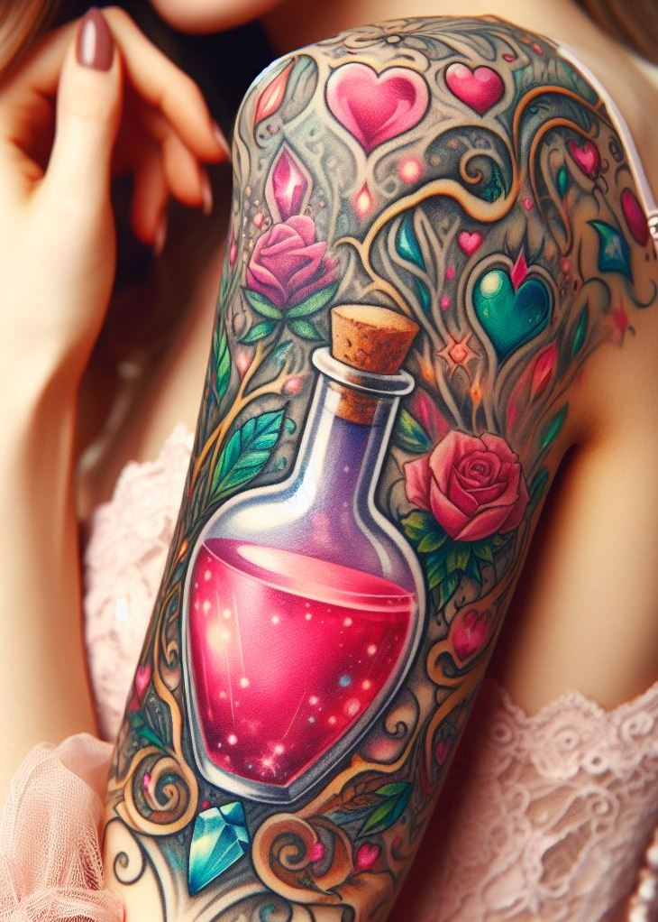 “Roseate Remedy” - Infused with the essence of affection, this potion tattoo blooms on the skin like a rose in full flush, promising an eternal spring of love. It’s a wearable sonnet for the starry-eyed.