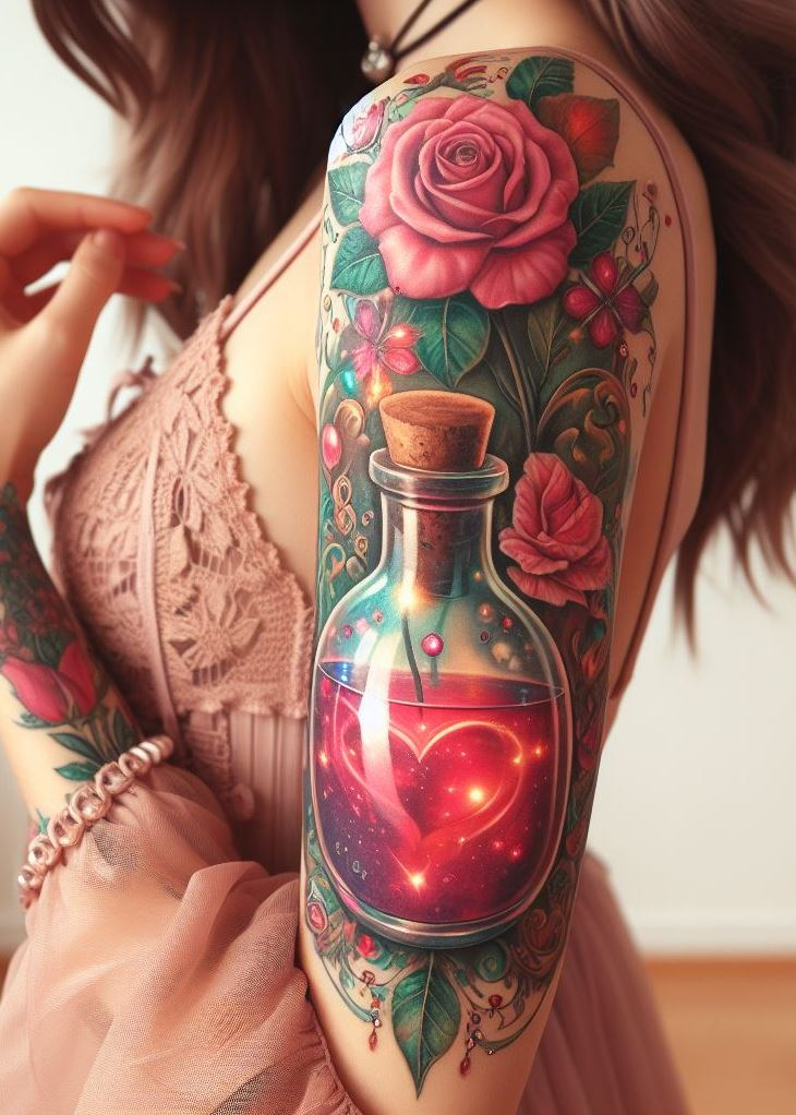 “Blush Brew” - A vial of vintage charm, this tattoo’s rosy pink potion is a toast to timeless love, with a touch of magic for the modern romantic. It’s an elixir for the love-struck soul.