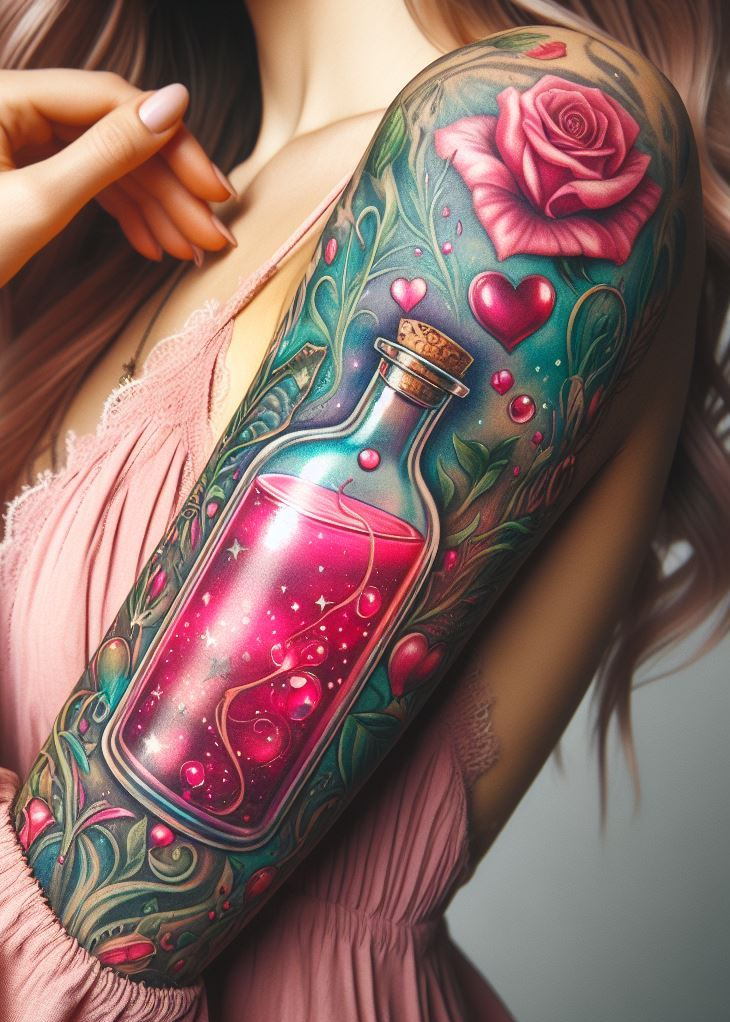 “Cupid’s Concoction” - Adorn your skin with the blush of romance; this potion tattoo is a love letter written in rosy hues, sealed with a kiss from the divine. It’s where passion meets permanence.