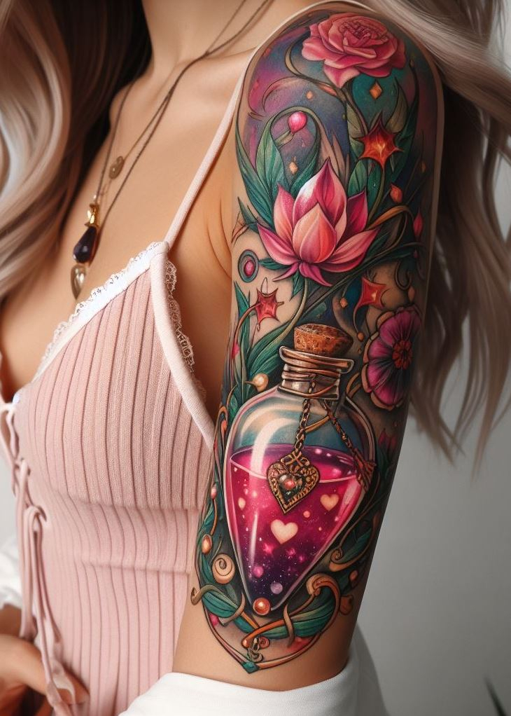 “Amour’s Alchemy” - This tattoo captures love’s tender touch in a potion of rosy pink, where each drop is a heartbeat, and the glow is as warm as a lover’s whisper. It’s the inked embodiment of a hug in a bottle.