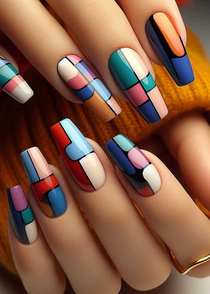 Abstract Nail Art: It's Not Just Random Splotches (We Promise!) | Pocoko Geometric Glam: Color Blocking Nails with Sharp Lines Feeling fancy? Elevate your Color Blocking Nails with a touch of geometric glam! Use contrasting colors and sharp lines to create clean, geometric shapes on your nails. It's the perfect way to add a touch of sophistication to this bold trend.