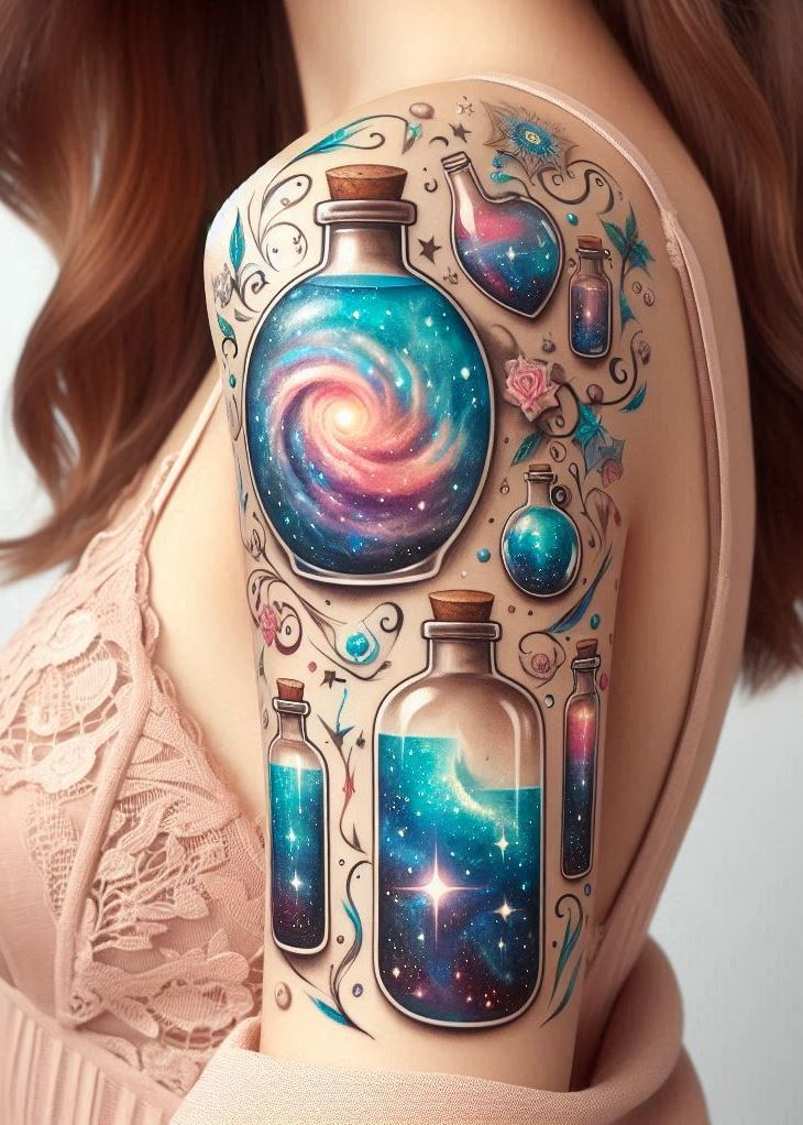 Stardust Brew: A Galactic Potion Bottle Tattoo with Swirling Nebulae: Capture the essence of celestial magic with a swirling potion bottle tattoo adorned with vibrant nebulae. Each swirl represents a wish bottled up, waiting to be unleashed upon the cosmos.