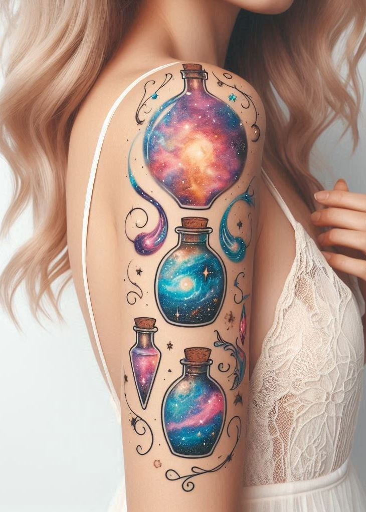 Galactic Alchemist: A Customizable Celestial Potion Bottle Tattoo: Celestial potion bottle tattoos offer a glimpse into your inner cosmos! Choose the colors of the nebulae and stars, personalize the potion bottle design, and create a unique tattoo that reflects your own connection to the magic of the universe.