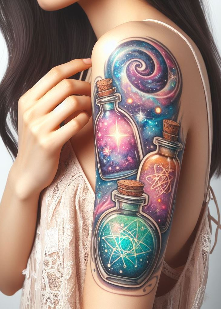 Stardust Alchemy: A Celestial Potion Bottle Tattoo with a Transforming Liquid: Showcase the transformative power of celestial magic with a swirling potion bottle tattoo where the liquid itself transforms into twinkling stars. The design symbolizes the constant change and evolution that occurs within the universe and yourself.