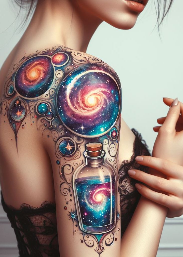 Elixir of the Cosmos: A Galactic Potion Bottle Tattoo with Planets & Stars: Unleash the power of the cosmos with a swirling potion bottle tattoo surrounded by planets and glittering stars. The swirling liquid represents the boundless energy and potential that flows through the universe.