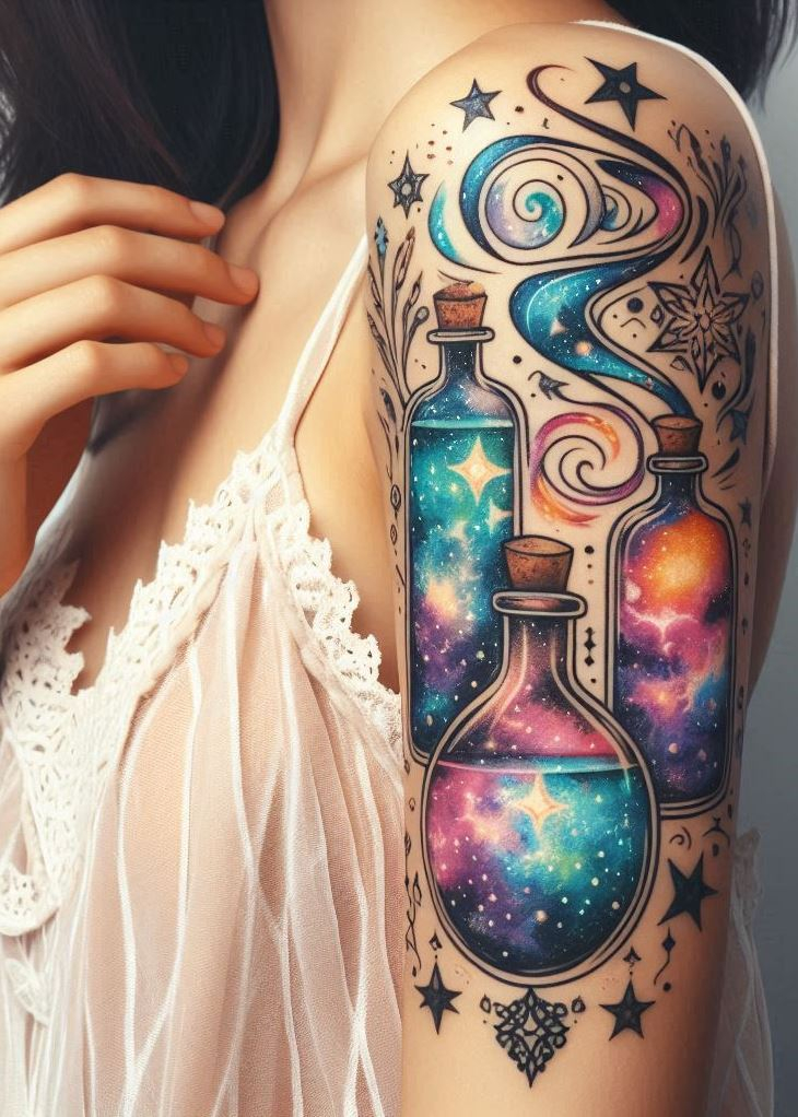 Cosmic Connections: A Celestial Potion Bottle Tattoo with Constellations: Embrace your place amongst the stars with a captivating potion bottle tattoo etched with constellations. The swirling liquid within represents the interconnectedness of all things, weaving your own story into the grand tapestry of the universe.