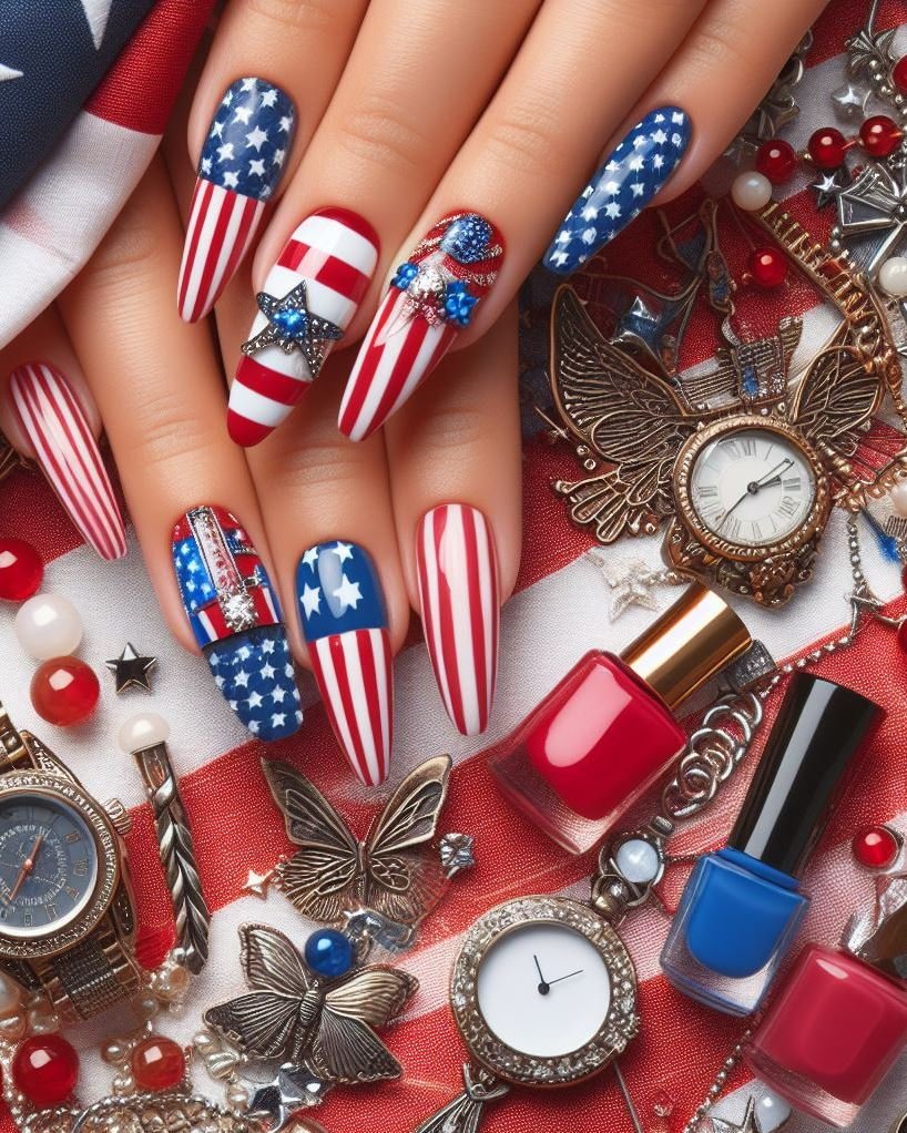 Patriotic Textured Dots: Paint your nails white and use a dotting tool with textured red and blue nail polish to create polka dots in various sizes for a playful and textured look.