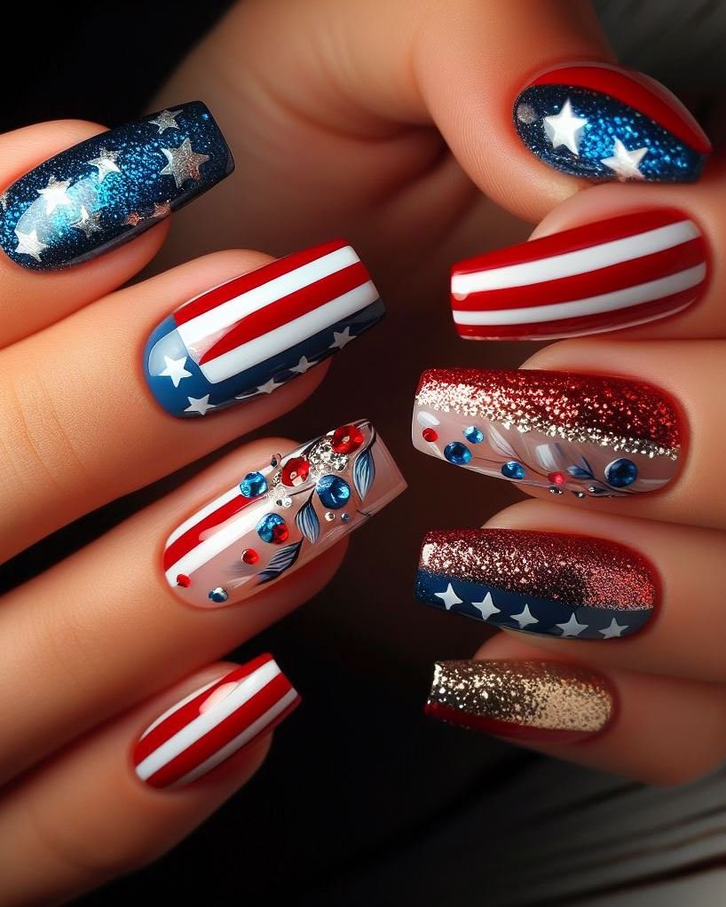 Patriotic Watermarble with Glitter: Use a water marbling technique with red, white, and blue nail polish to create a swirled design. Add a coat of clear glitter polish for extra sparkle.