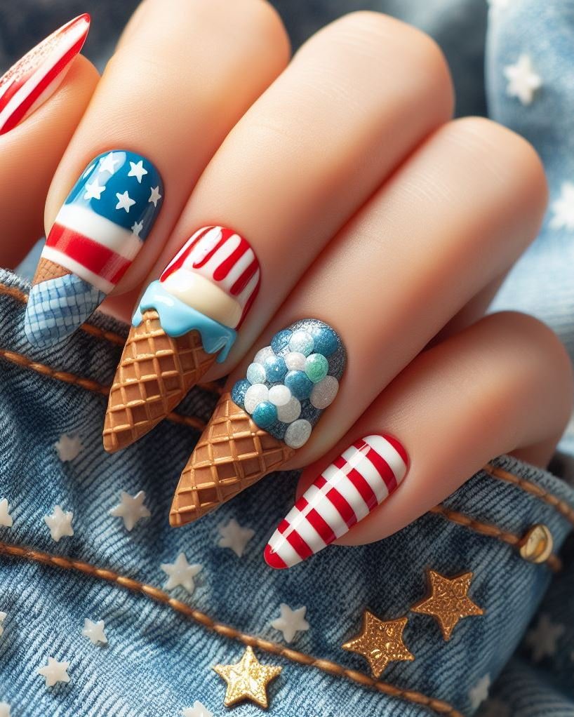 Patriotic Stain Glass: Paint your nails white and use red and blue nail polish to create a stained glass window effect with thin lines and geometric shapes.