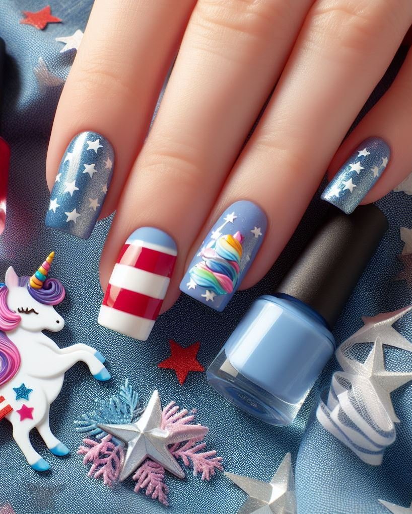 Metallic Stars & Stripes: Paint your nails white and use red and blue metallic striping tape to create bold stripes. Add a single, larger metallic star on an accent nail.