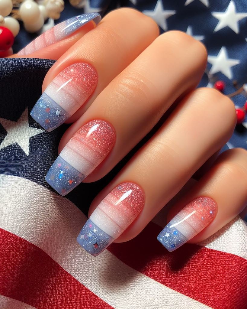 Patriotic Tie-Dye: Use a tie-dye technique with red, white, and blue nail polish to create a unique and vibrant design on each nail.
