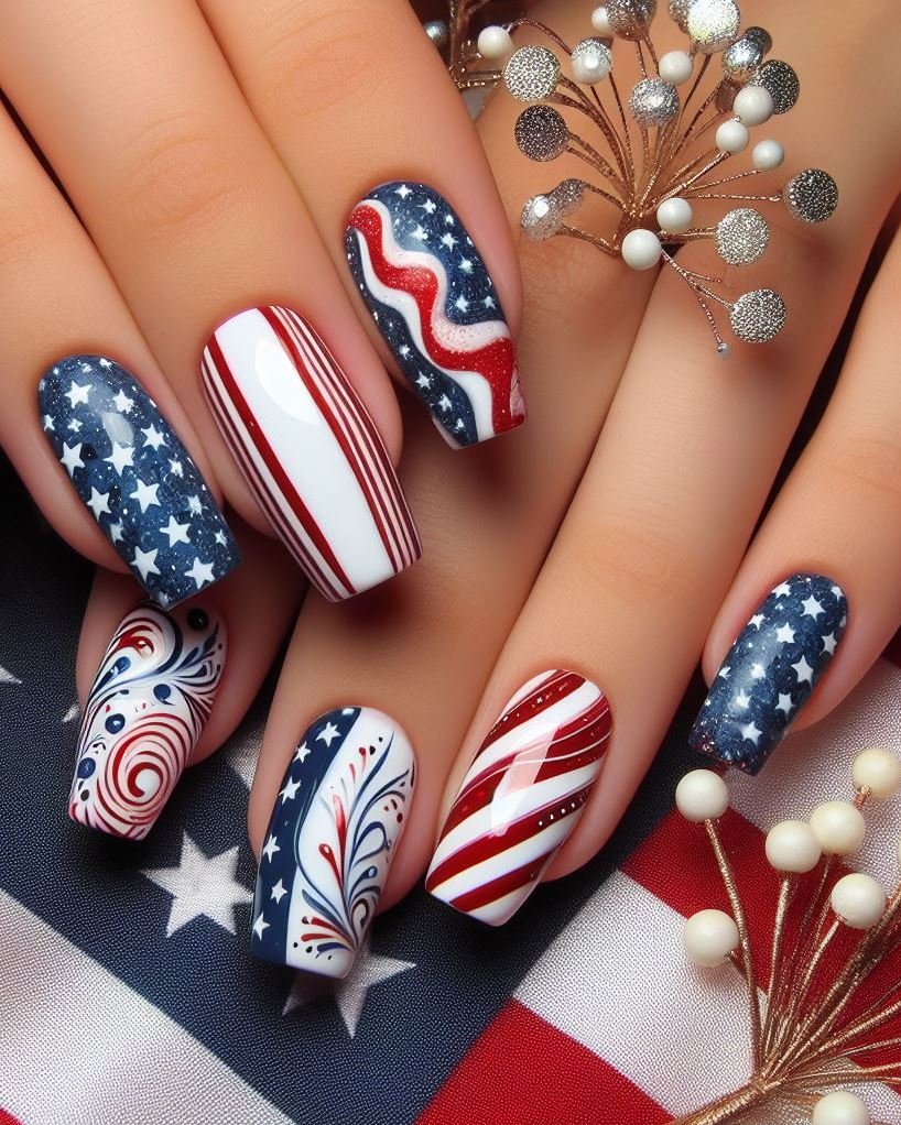 Patriotic Gemstones: Paint your nails white and use red, white, and blue nail art jewels to create a dazzling, gemstone-inspired look.