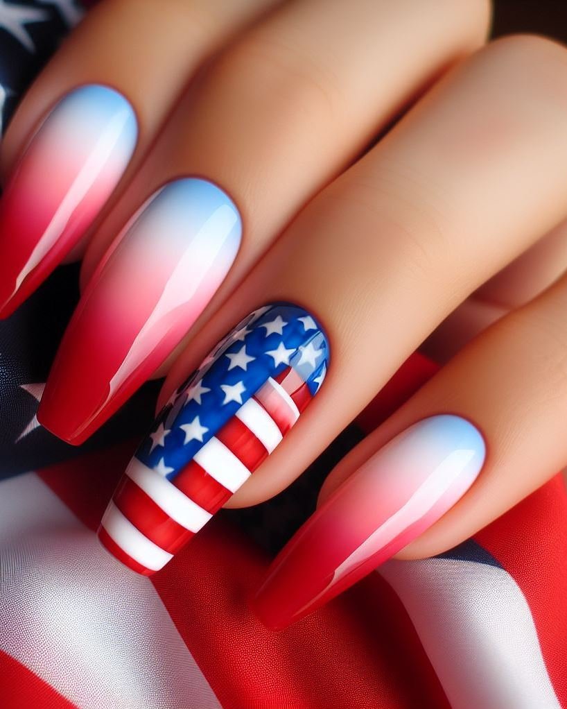 Patriotic French Tip Trio: Do a classic French manicure, but instead of plain white tips, use alternating red, white, and blue for a festive twist.
