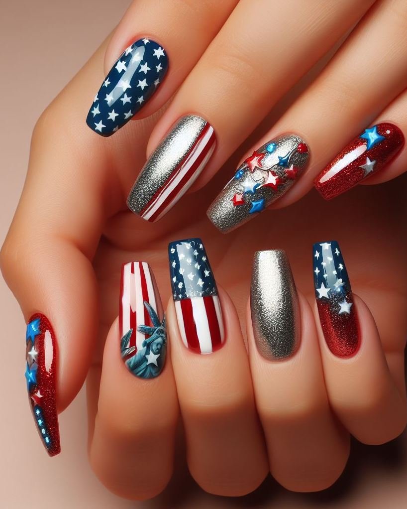 Patriotic Pinstripes: Paint your nails white and use a thin nail art brush to create delicate red and blue pinstripes in various directions.