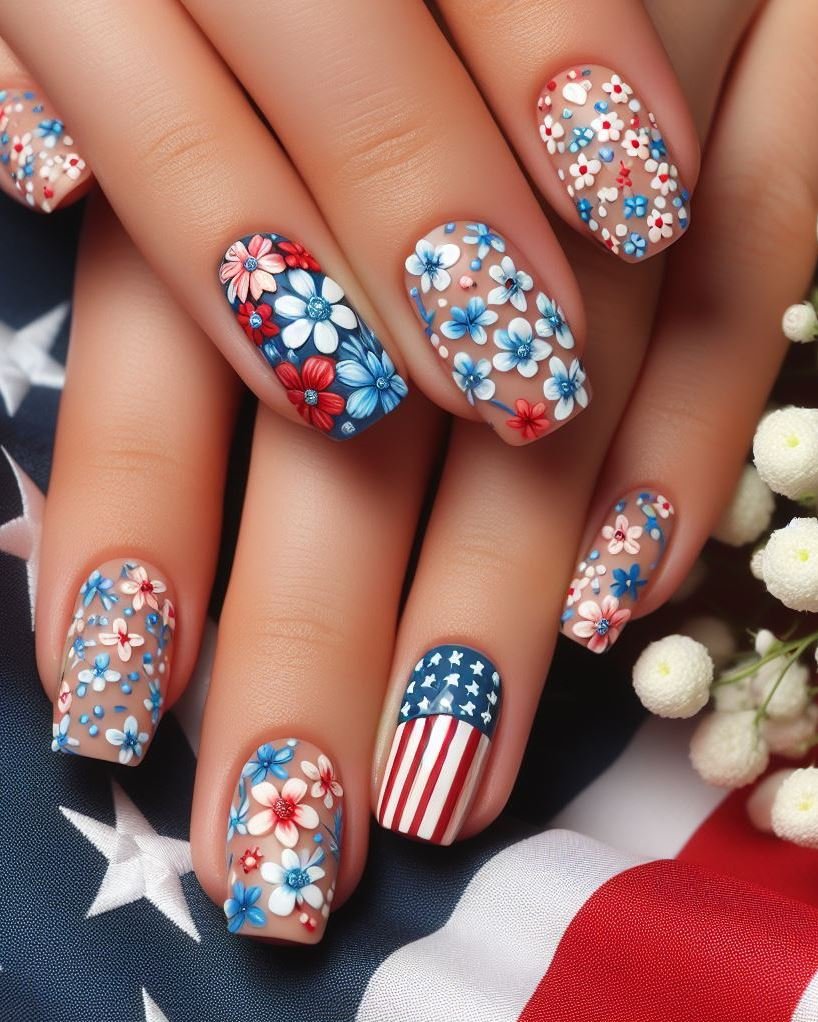 Patriotic Posies: Paint your nails a crisp white. Using a nail art stamp or freehand drawing, create red and blue floral patterns in various sizes on each nail.