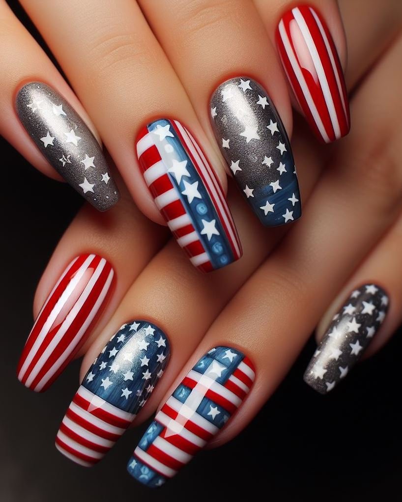 Comic Book Stars: Paint your nails white and use a black nail art pen to draw bold, outlined stars with speech bubbles that say "POW" or "BAM" in red and blue.