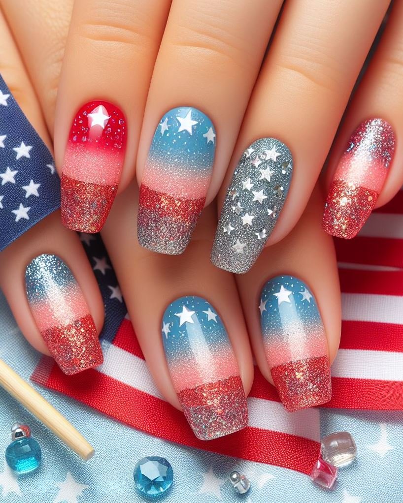 Half Moon Celebration: Paint the bottom half of your nails red or blue and the top half white for a color block effect. Add a small glitter star at the center of the white section.