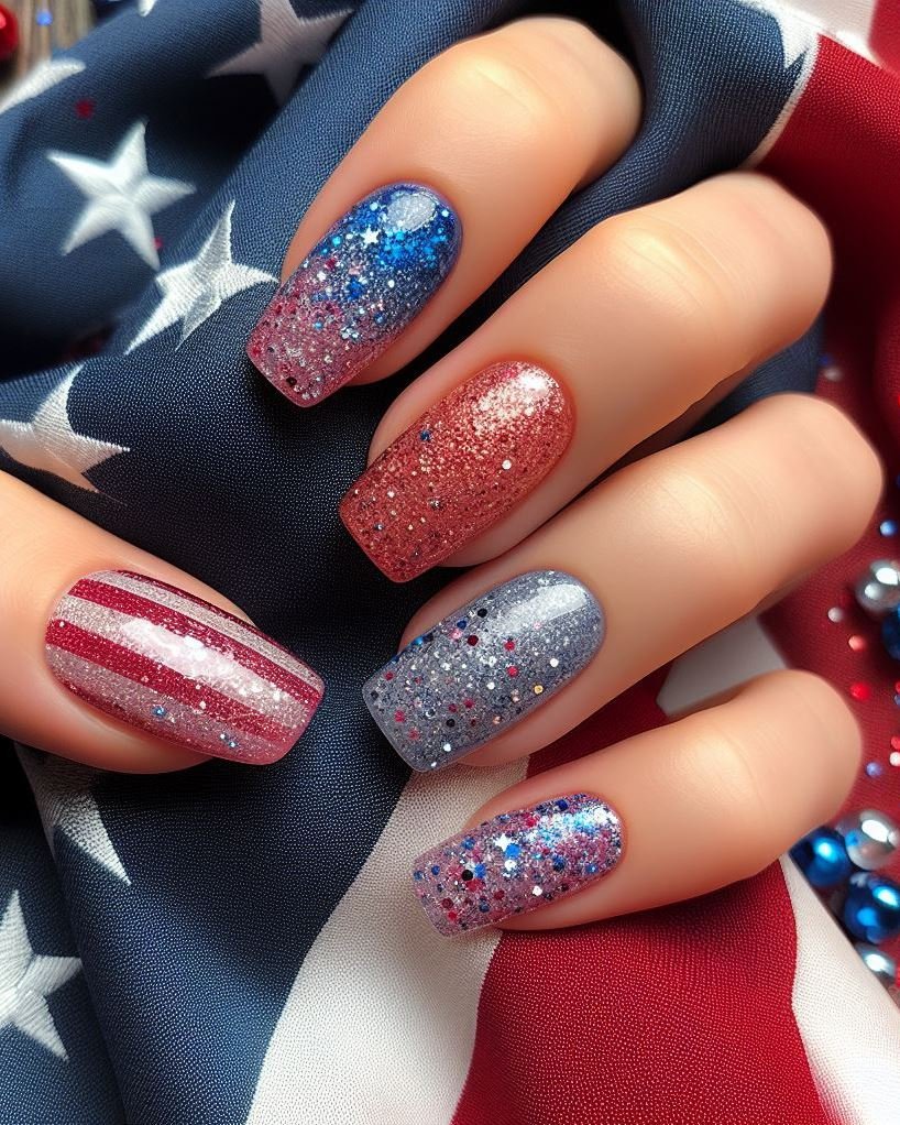 Glittery Stripes: Paint your nails white and use red and blue striping tape to create thin stripes. Apply a coat of clear glitter polish over the entire design for extra sparkle.