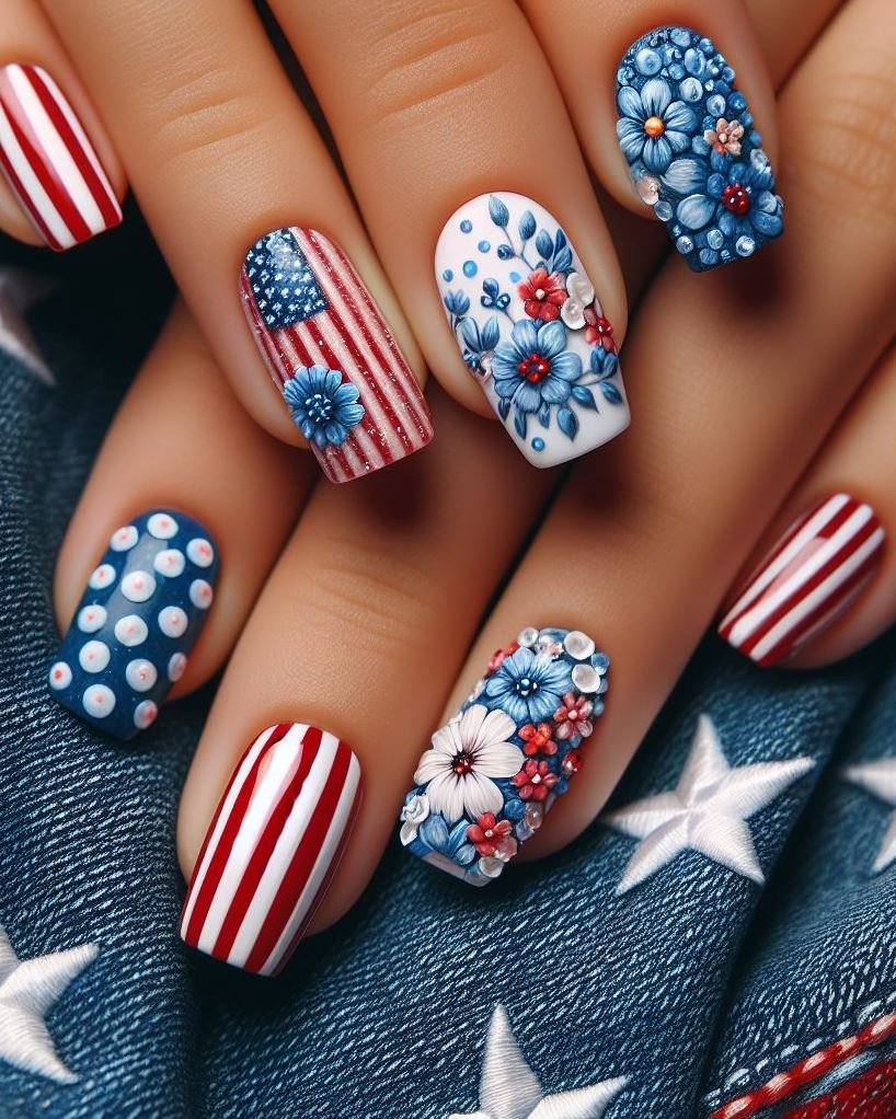 Firecracker Florals: Paint your nails white and use a dotting tool to create tiny red, white, and blue firework bursts. On your accent nail, paint a delicate red and blue wildflower for a touch of floral charm.