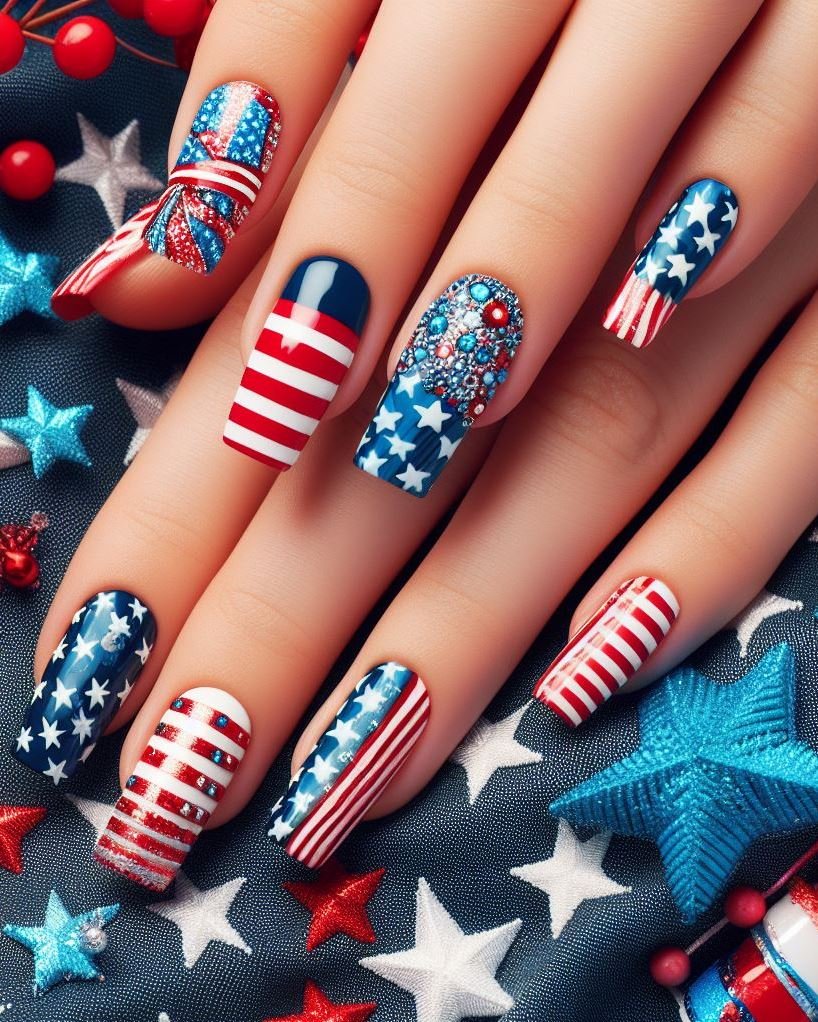 Patriotic Polka Dots: Paint your nails white and use a dotting tool to create alternating red and blue polka dots in various sizes.