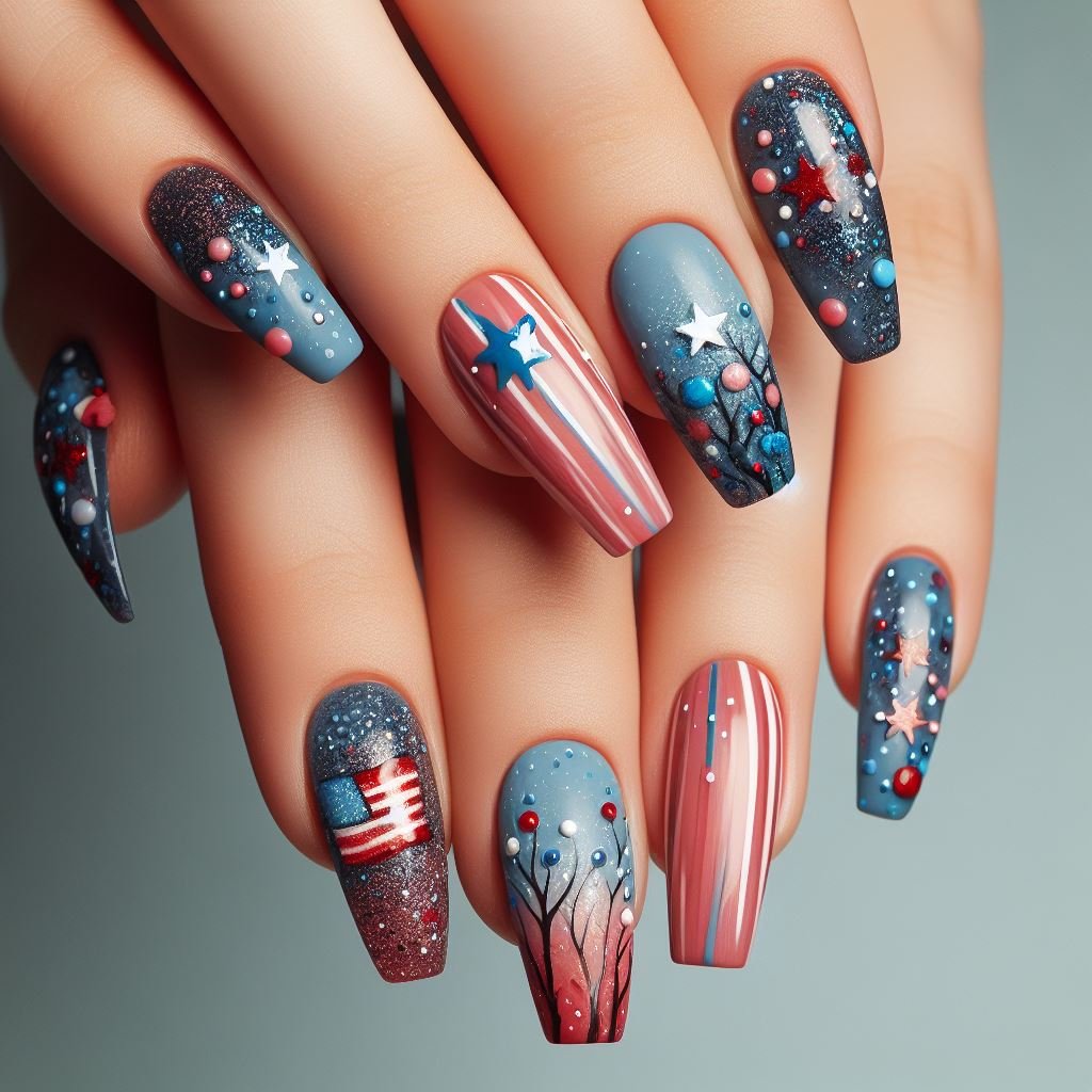 French Tip Twist: Do a classic French manicure with white tips, but instead of plain white, use a red and blue glitter blend for a festive twist.