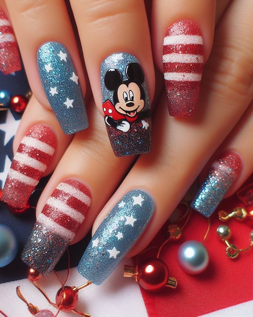 Paint your nails red or blue and use star-shaped stencils to create negative space white stars on each nail.