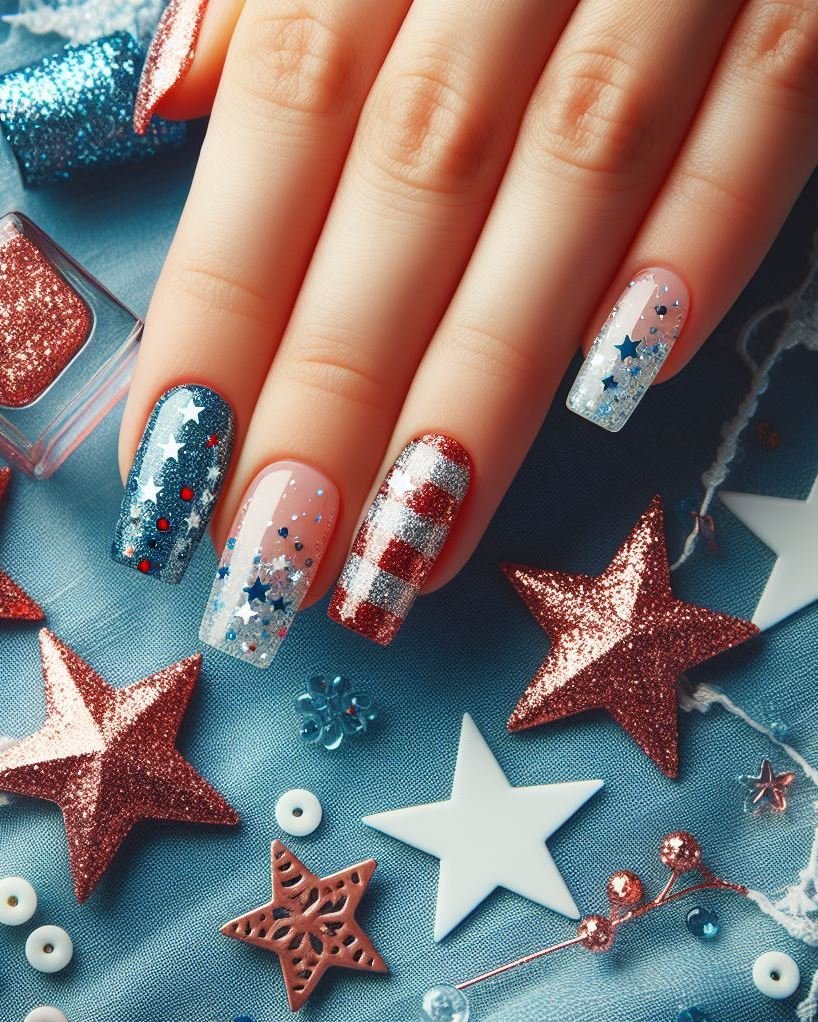 Geometric Fireworks: Paint your nails white and use red, blue, and white striping tape to create geometric firework shapes. Add a touch of glitter for added pop.