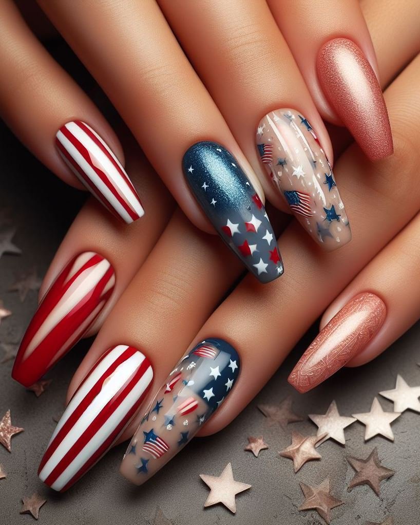 Confetti Nails: Paint your nails white and use red, white, and blue confetti nail art decorations for a festive and fun look.