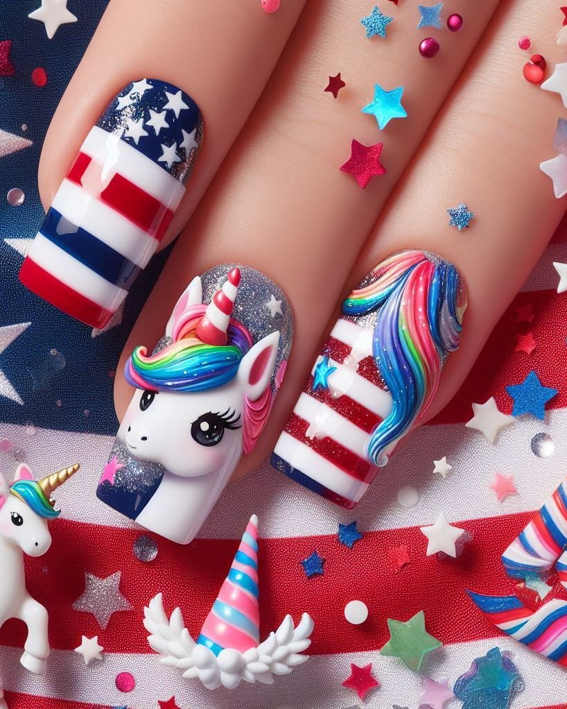 Fireworks & Fantasy: Paint a majestic white unicorn prancing amidst colorful fireworks on your accent nail. Keep the rest of your nails a classic red, white, and blue for a touch of patriotism.