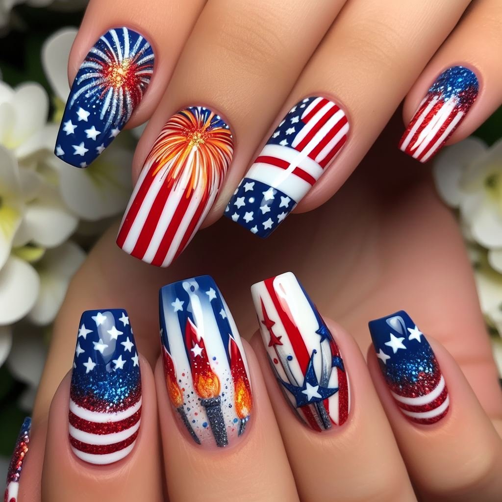 Patriotic 3D Fireworks: Paint your nails white and use red and blue acrylic paint to create small, raised firework bursts on each nail. You can also add a touch of glitter for a more dazzling effect.