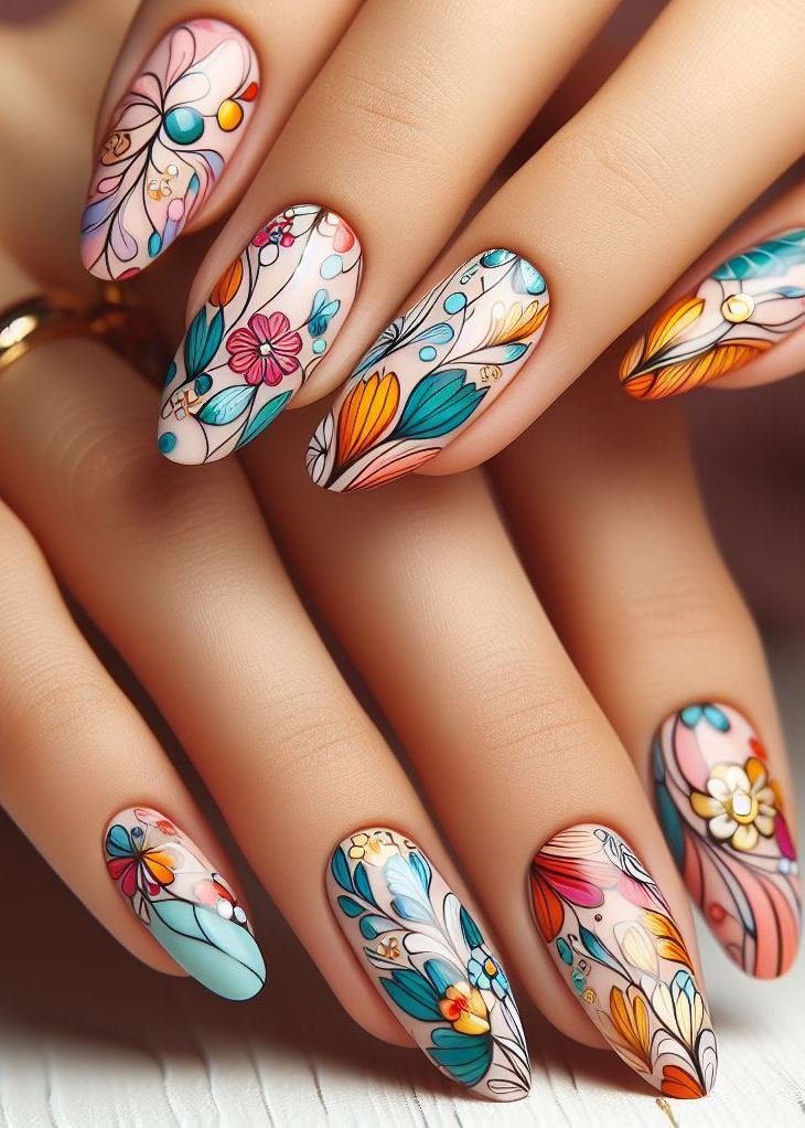 Abstract Nail Art: It's Not Just Random Splotches (We Promise!) | Pocoko Blossom Dreams: These abstract floral nails are like a secret garden on your fingertips. Petals swirl and vines dance, creating a whimsical escape from the ordinary. 🌸✨