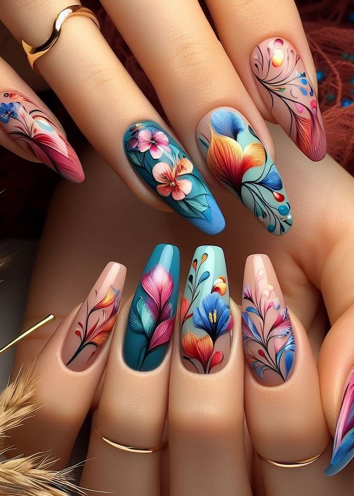 Abstract Nail Art: It's Not Just Random Splotches (We Promise!) | Pocoko Petal Poetry: Each nail tells a story—a haiku whispered by daisies, a sonnet sung by roses. Abstract florals meet whimsy, and suddenly, your fingertips are a canvas of verses. 🌹📜