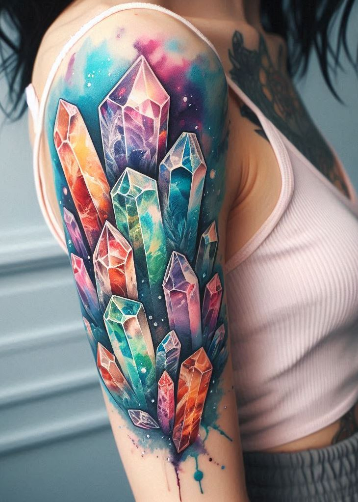 “Crystal Tattoos” offer a majestic merger of watercolor washes and crystal precision, painting a dreamscape where you’re the reigning queen. It’s not just a tattoo; it’s a coronation.