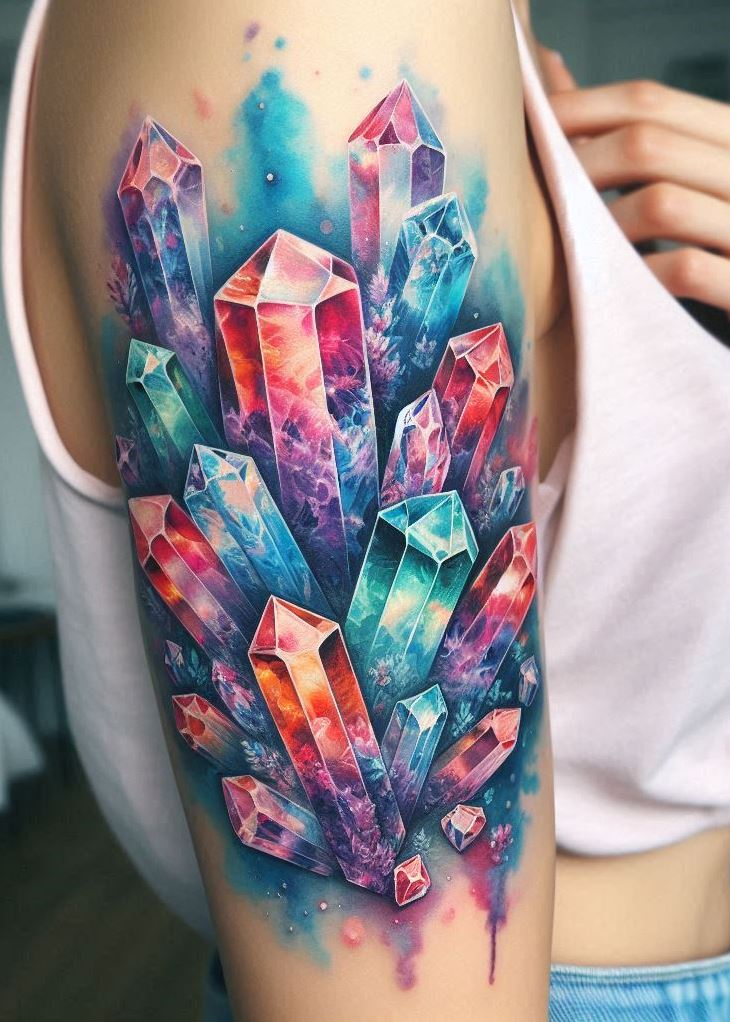 “Crystal Tattoos” blend a watercolor dreamscape with crystal clarity, crafting a regal contrast that’s fit for a queen. It’s where soft meets sharp, and elegance meets edge.