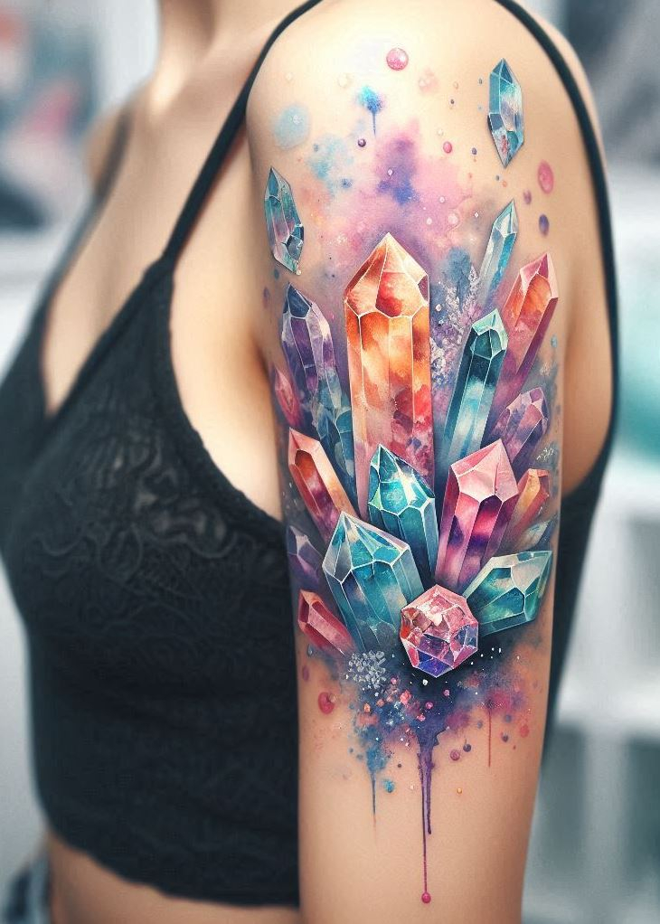 With “Crystal Tattoos,” your skin becomes a canvas for the ultimate fusion: a watercolor dreamscape cradling crystal reality. It’s a wearable crown of creativity and contrast.