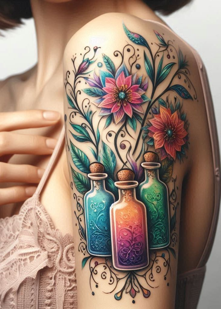 Hidden Magic: Delicate Floral Elixir Tattoo for Subtle Enchantment: Embrace the magic within with a delicate floral elixir tattoo. Tiny wildflowers tucked within a potion bottle represent the subtle power and hidden magic you possess.