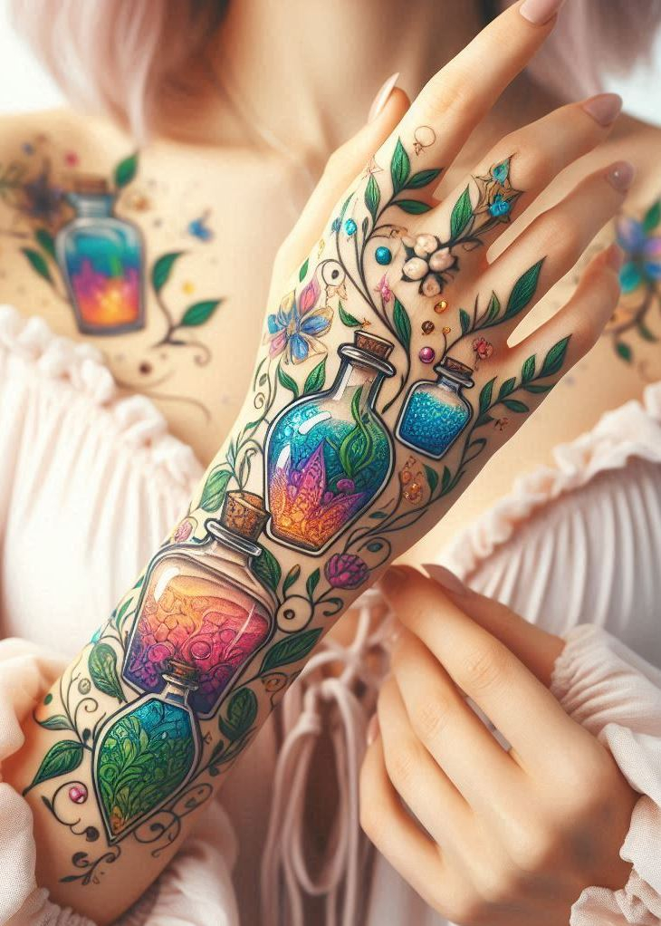 Cosmic Connections: Celestial Floral Elixir Tattoo for Universal Energy: Express your connection to the universe with a celestial floral elixir tattoo. Stars and moons swirling around a potion bottle with blooming flowers symbolize the magic that flows through all things.