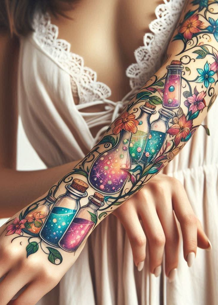 Moonlight Magic: Ethereal Floral Elixir Tattoo for Dreams & Intuition: Capture the mystery of dreams with an ethereal floral elixir tattoo. Moonlight rays illuminating a potion bottle with delicate flowers represent following your intuition and embracing your dreams.