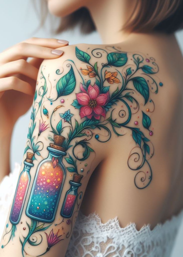 Love's Concoction: Romantic Floral Elixir Tattoo for Soulmates: Express your deep connection with a romantic floral elixir tattoo. Two intertwined flowers entwined around a potion bottle symbolize the love that binds you and your soulmate.