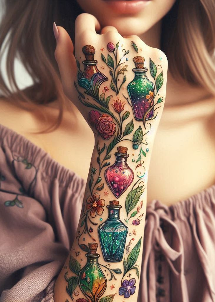 Healing Blooms: Floral Elixir Tattoo for Growth & Recovery: Symbolize healing and growth with a floral elixir tattoo. Flowers blooming from a cracked potion bottle represent the strength to mend and emerge stronger from difficult times.