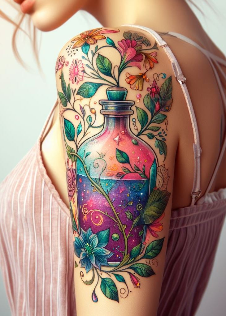 Unleash Your Inner Alchemist: Floral Elixir Tattoo for Personal Power: Let a vibrant floral elixir tattoo ignite your inner alchemist. Blooming flowers bursting from a potion bottle symbolize brewing your own magic and taking control of your destiny.